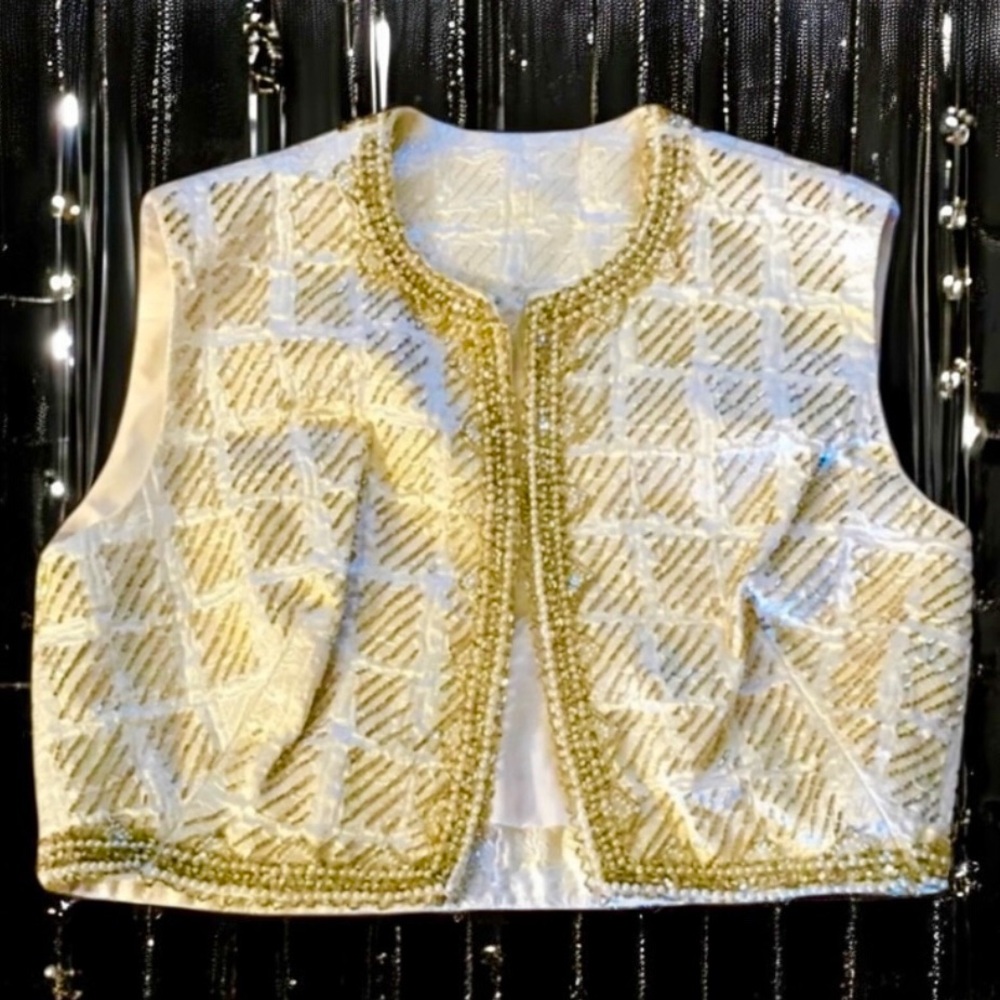 1950’s Hollywood Estate Hand Beaded Gold Bolero Vest Wedding Top w/Rhinestones,S